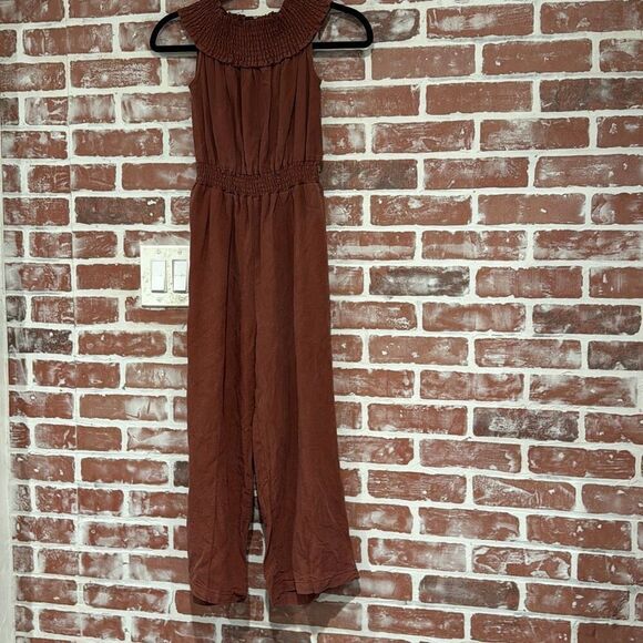 Shades of Grey by Micah Cohen Brown Wide Leg Cropped Linen Jumpsuit Size XS B35 - Picture 1 of 9